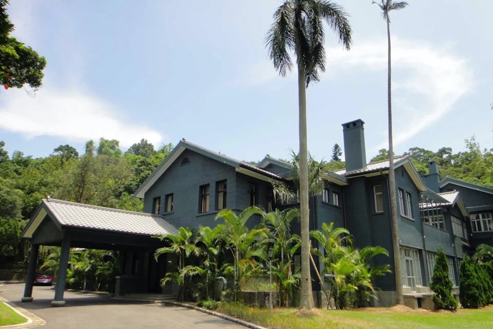 A two-story dark-colored house surrounded by palm trees, with a covered driveway and a clear sky in the background.