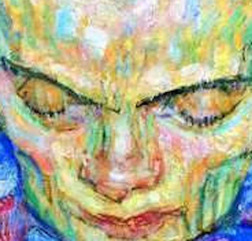 A colorful painting depicting a group of intertwined figures in an abstract, dreamlike composition.