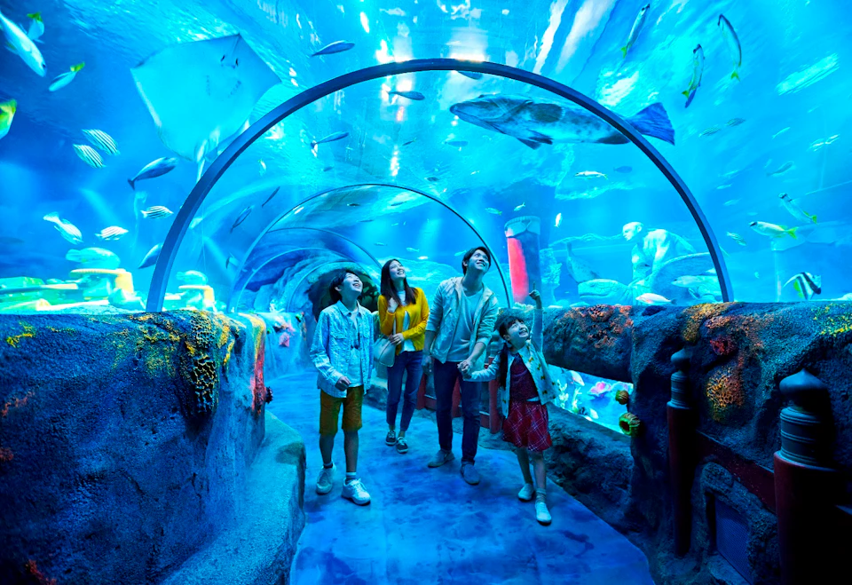 A family walking through an underwater tunnel in an aquarium, surrounded by marine life and illuminated by blue light.