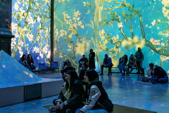 People sitting and watching an immersive art installation with large floral projections and blue-green background on the walls.