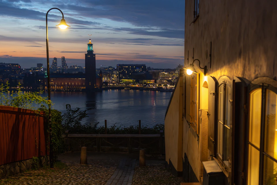 Stockholm's city hall photographed from one of the picturesque streets