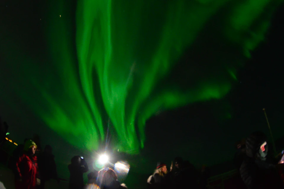 Passengers on the northern lights cruise taking photos under the green lit sky.