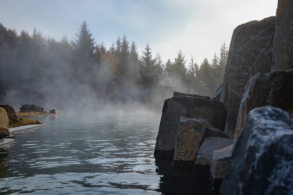 Steam rises from a geothermal pool surrounded by rocky formations and trees in a misty outdoor setting.