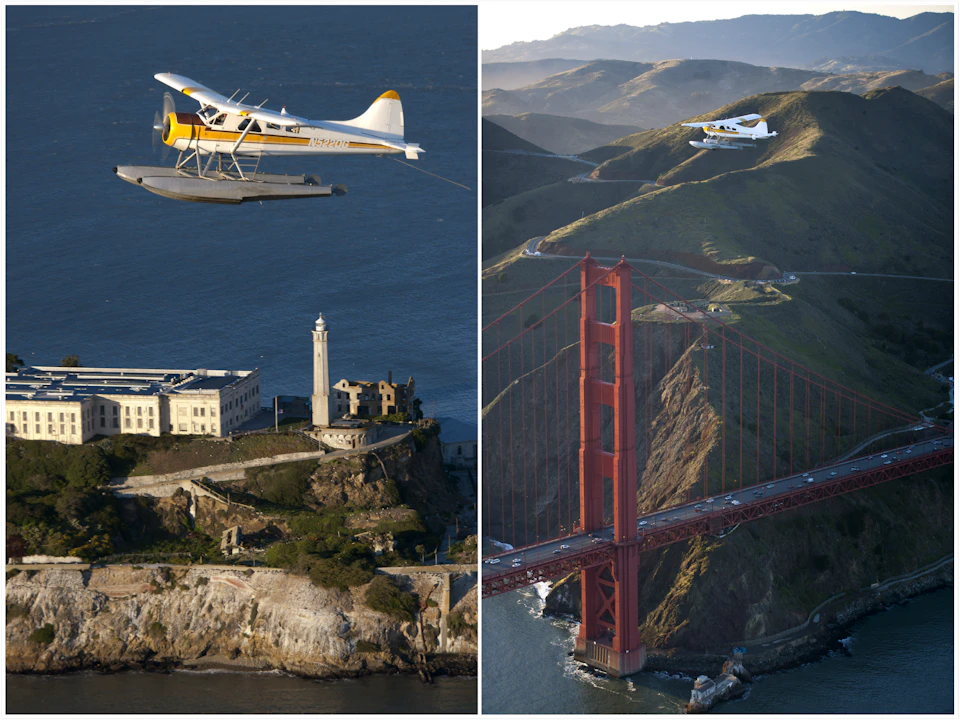 A seaplane flying above Alcatraz Island on the left; the same plane flying near the Golden Gate Bridge on the right.