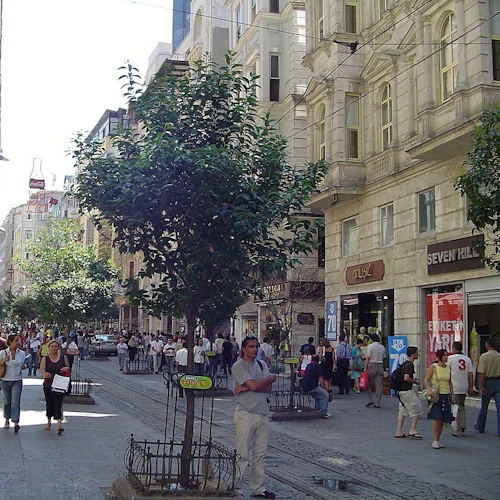 En livlig gata med människor som går, kantad av butiker och utsmyckade byggnader och träd i centrum.