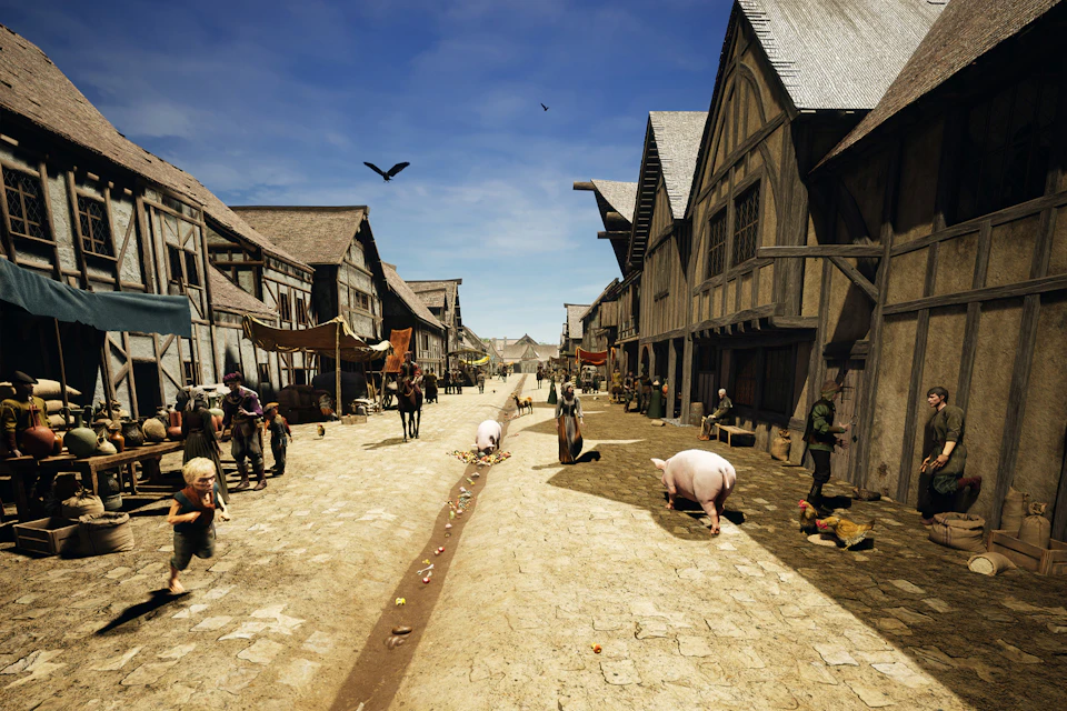 A busy medieval street scene with timber-framed buildings, people, pigs, and market stalls under a blue sky.