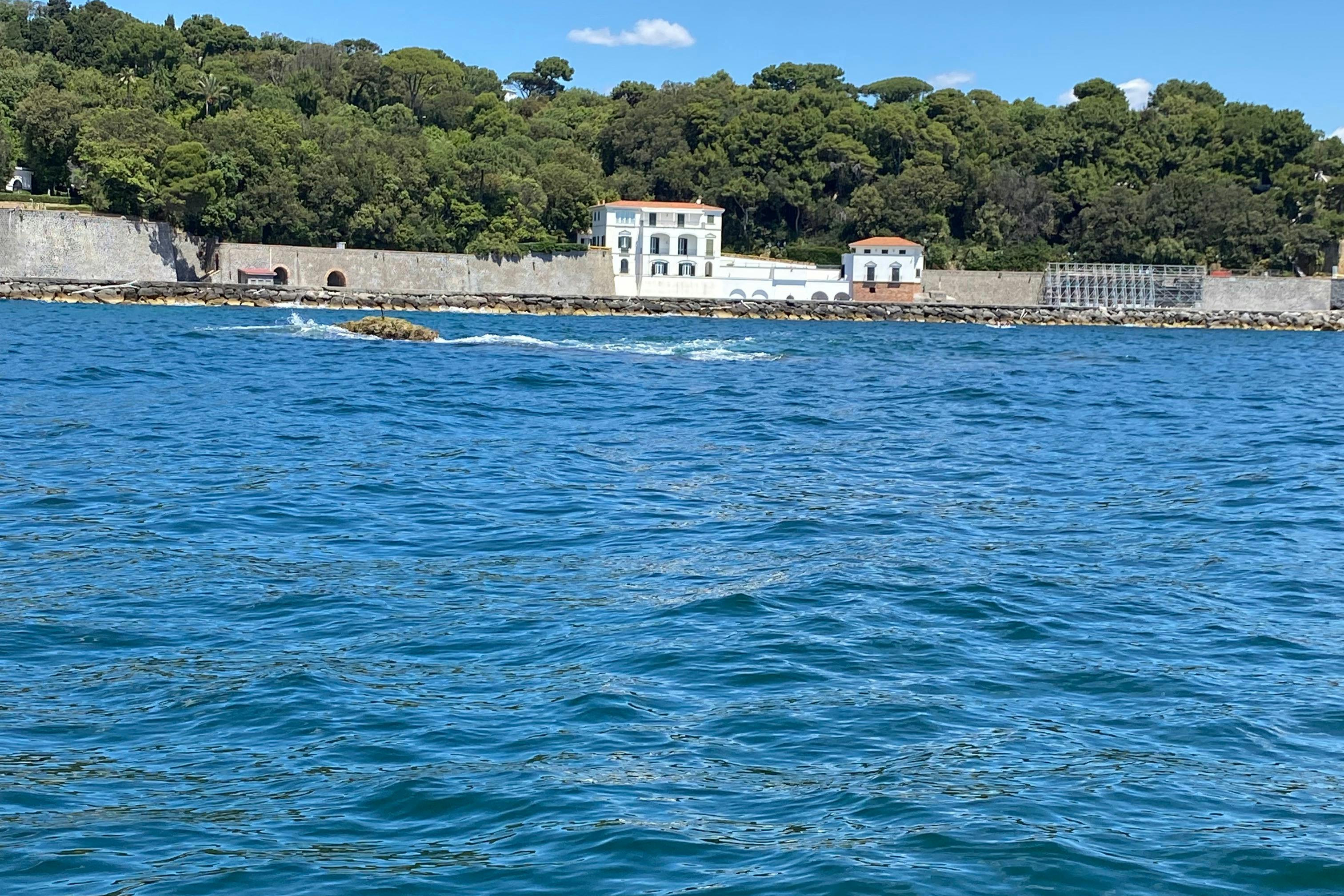 Un complejo de edificios con estructuras blancas y tejados rojos se alza junto a la orilla, rodeado de densos árboles verdes y una costa rocosa.