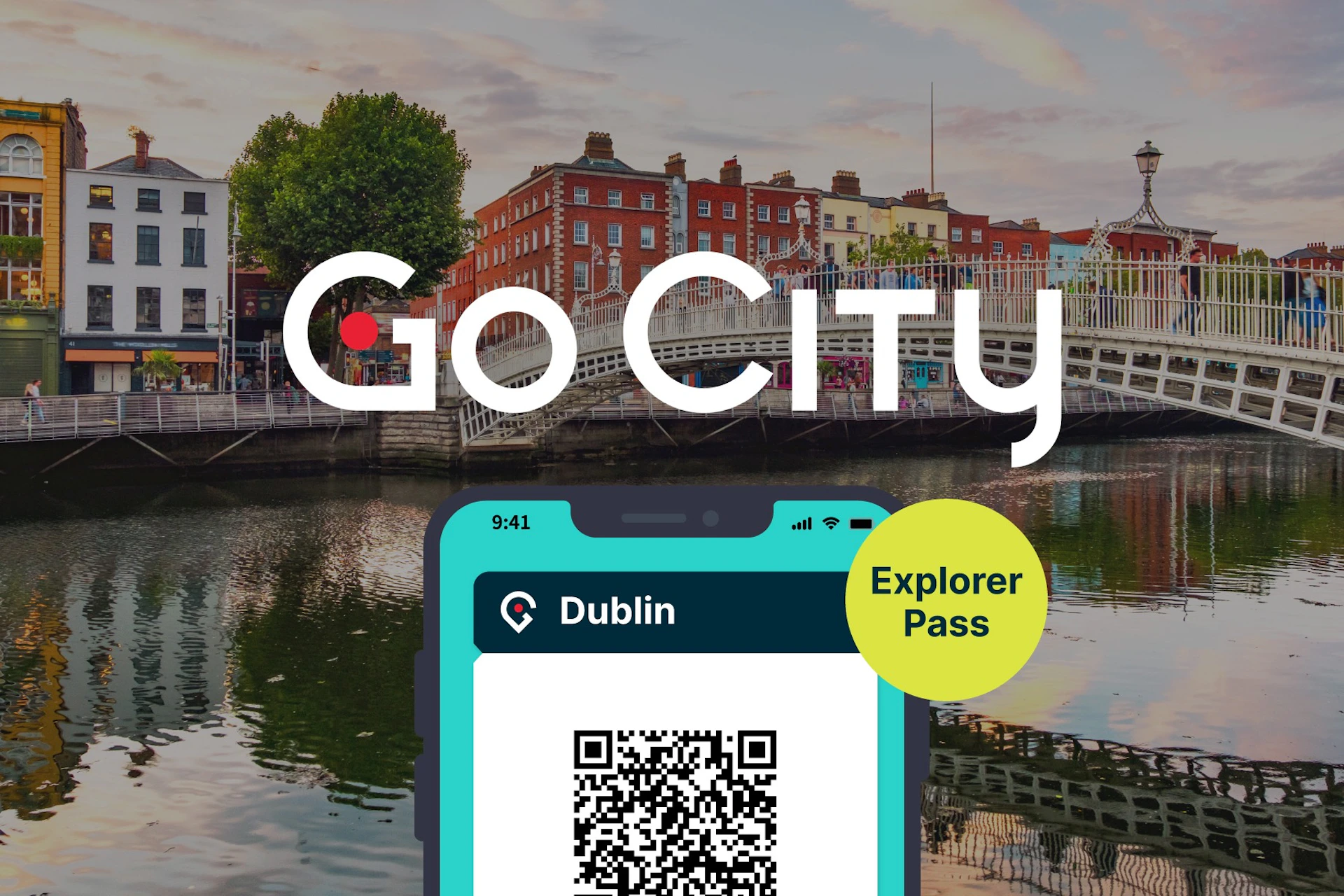 Dublin Explorer Pass on a smartphone with Dublin view on the background