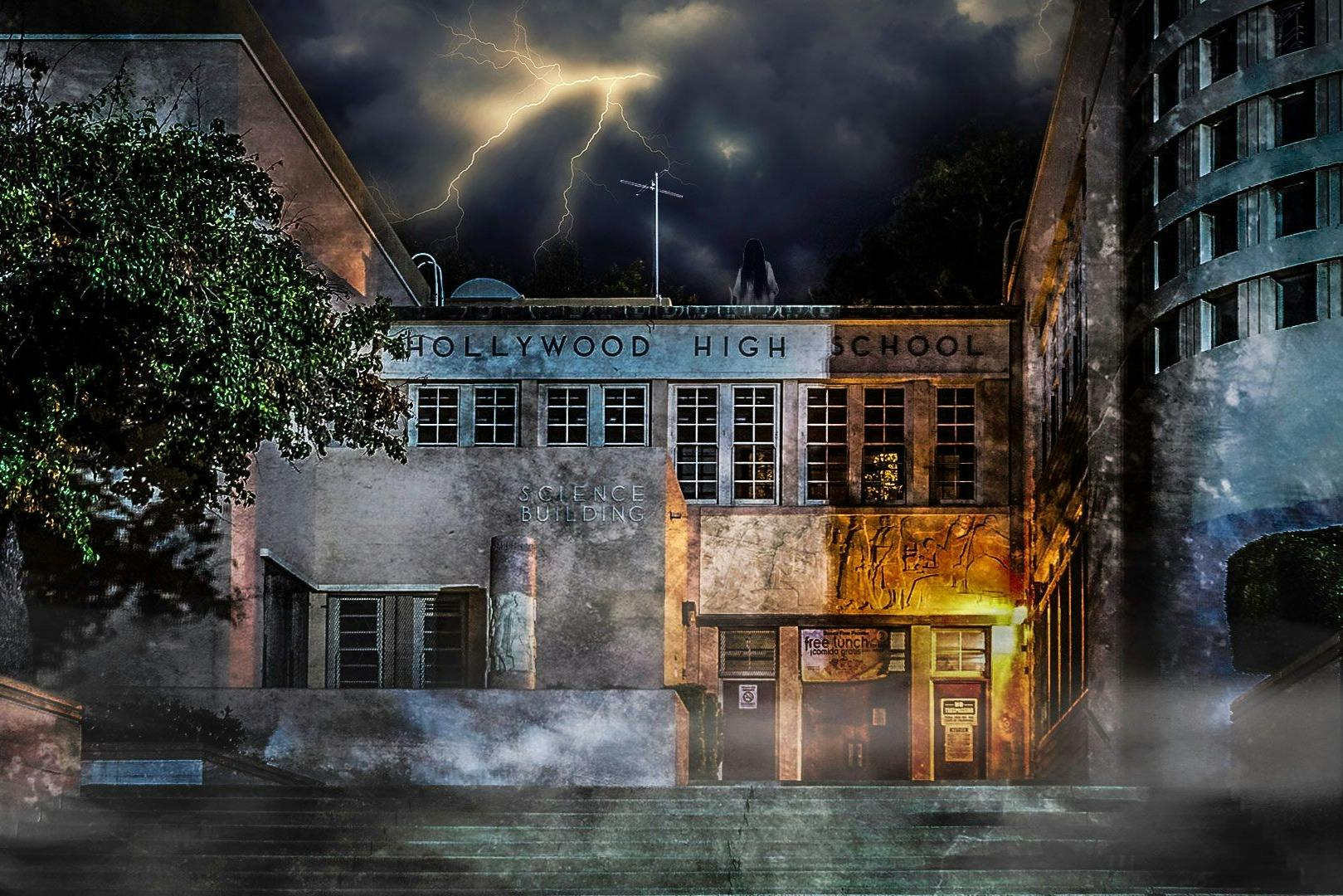Ghostly photo of the historic Hollywood High School, with lightning striking the sky