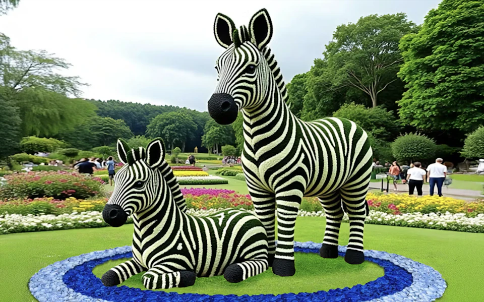 Two zebra sculptures made of plant material in a landscaped garden with colorful flowers and greenery.