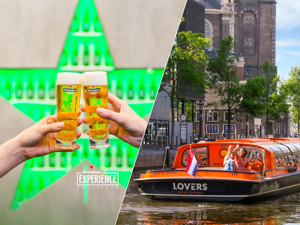 Image split in two: left shows two hands clinking Heineken beers in front of neon bottles, right shows tourists on a canal cruise in Amsterdam.