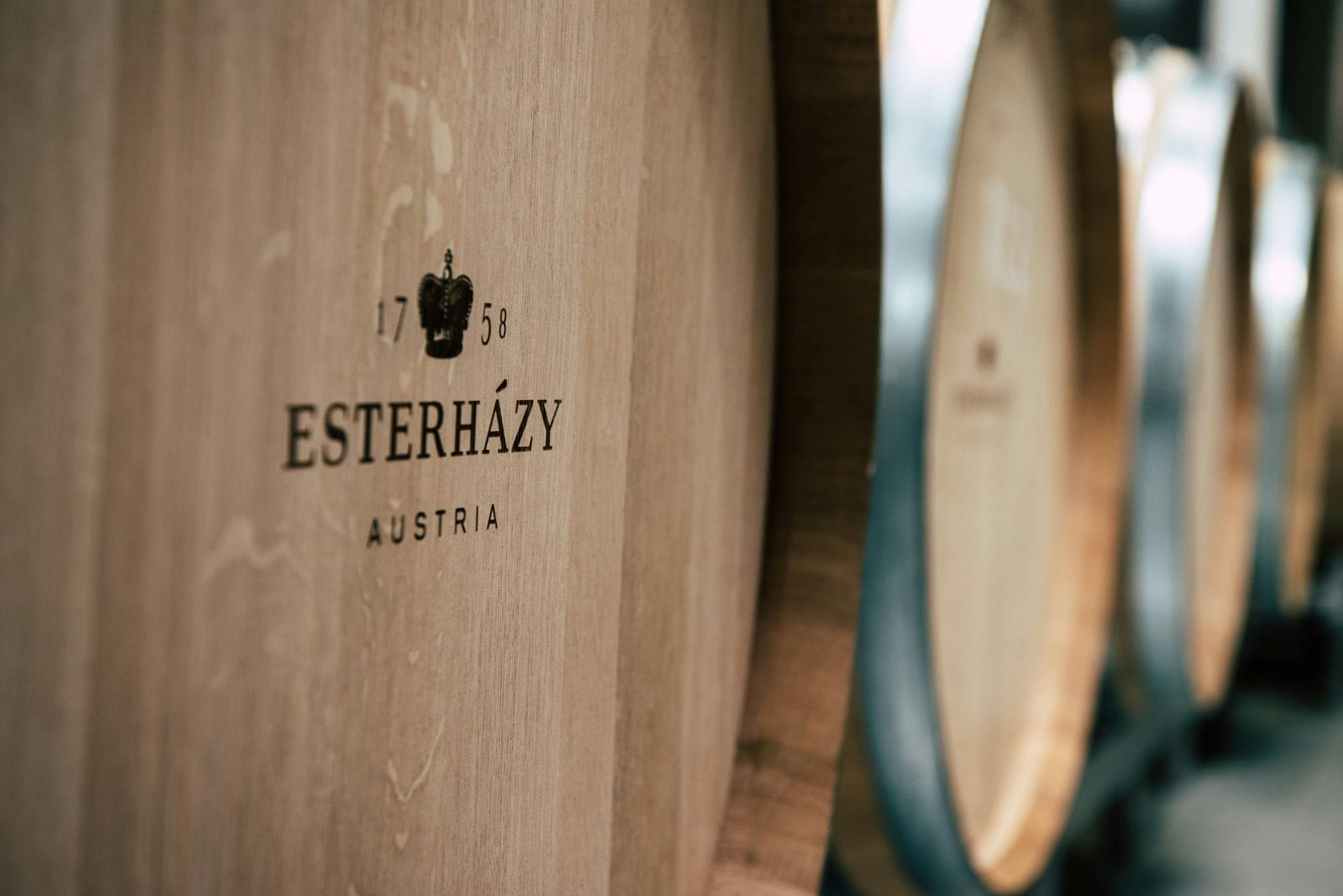 特写木桶，上面印有“Esterházy Austria”和“1758”。 其他桶的细节不对焦。