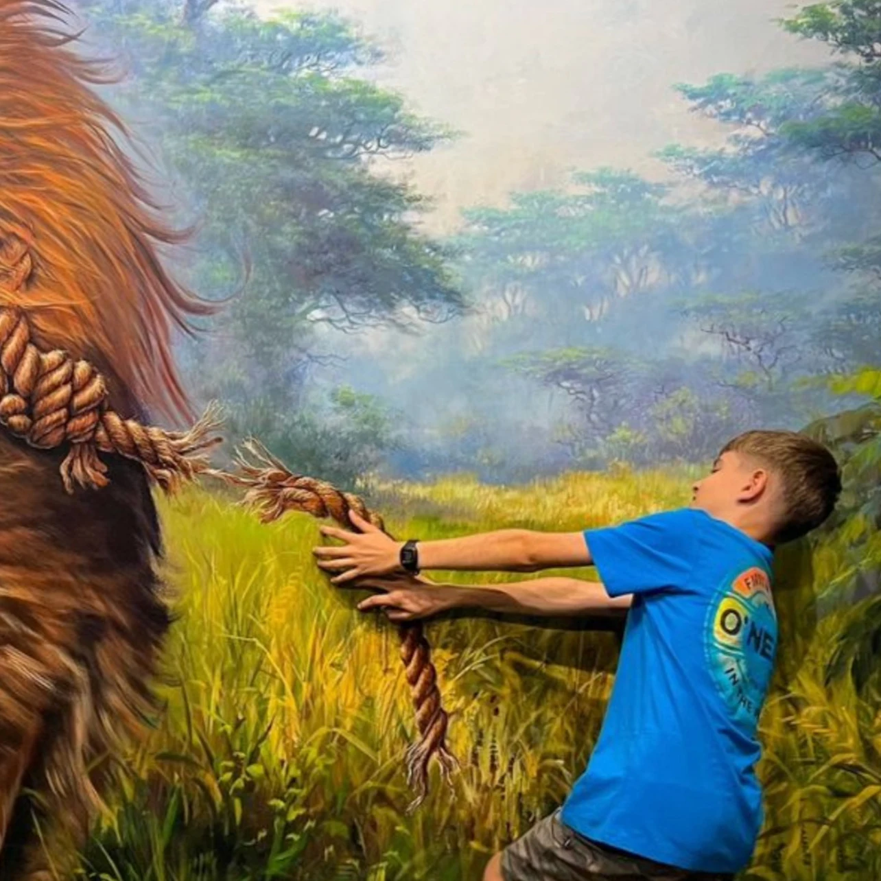 A boy in a blue shirt interacts with a realistic wall painting of a broken rope tied to a large furry animal's tail.