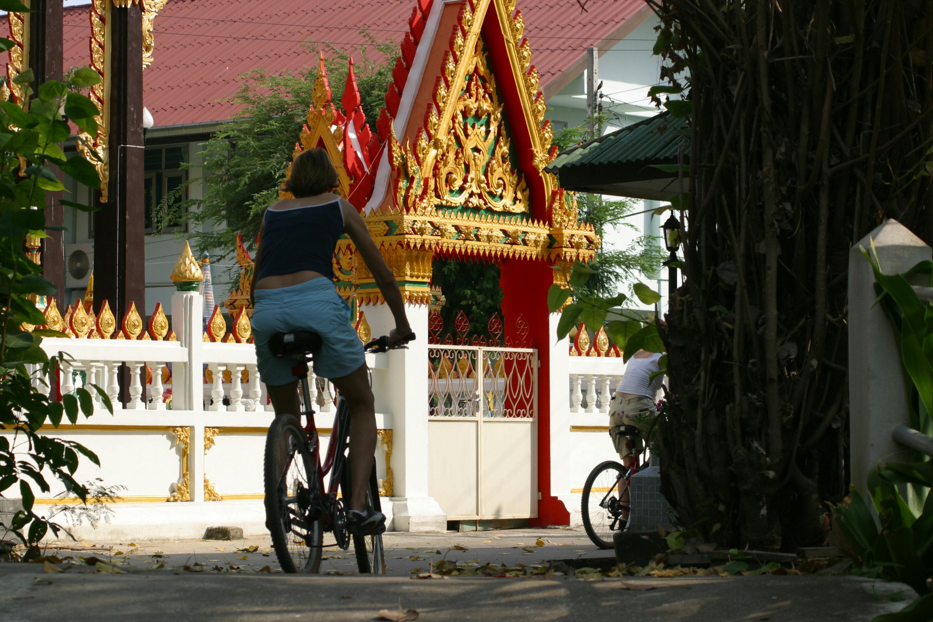 Due ciclisti si dirigono verso il cancello di un tempio ornato da decorazioni in oro e rosso, incorniciato da fogliame.
