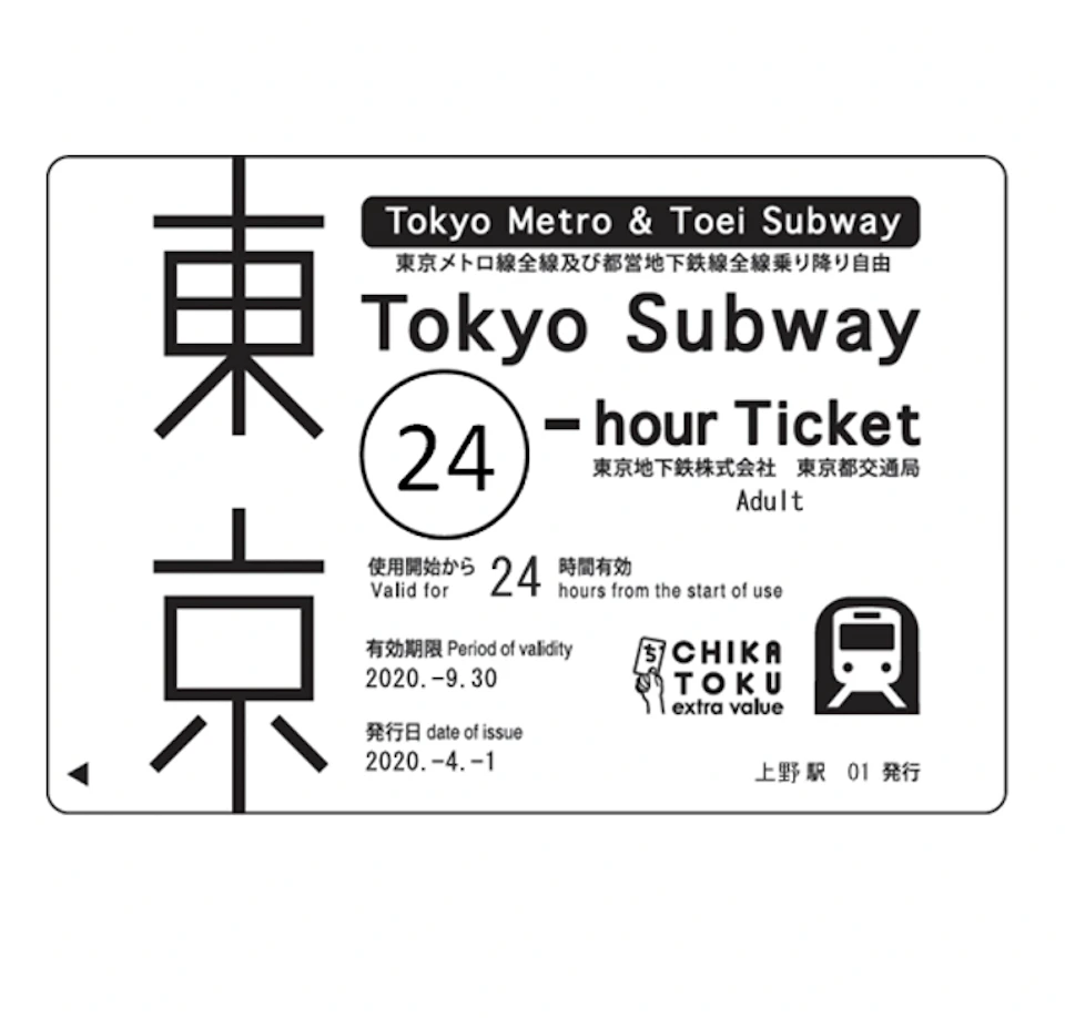 A Tokyo Subway 24-hour ticket with Japanese characters, valid dates, and icons of a subway train and a "Chika Toku" logo.