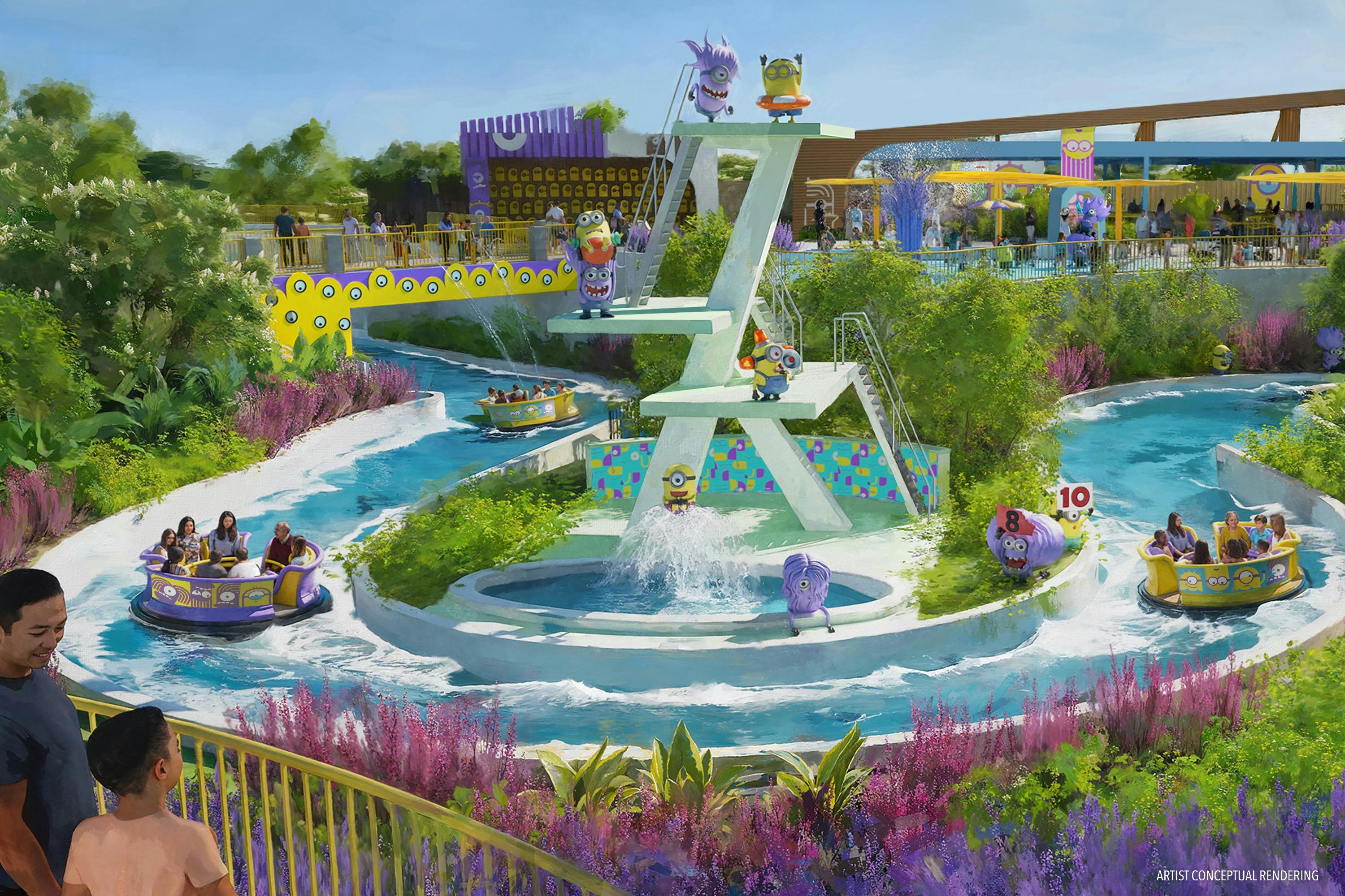 Un parco acquatico a tema con barche, decorazioni e scivoli a tema Minion, con persone che si divertono.
