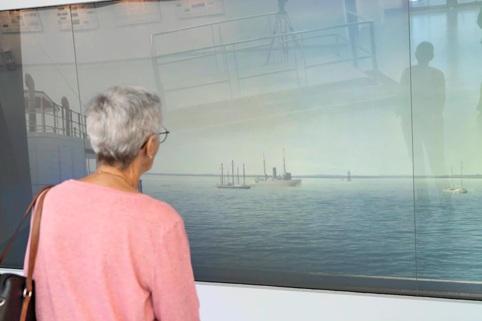 An elderly person with short gray hair and a pink top looks at a framed maritime painting depicting ships on calm water.