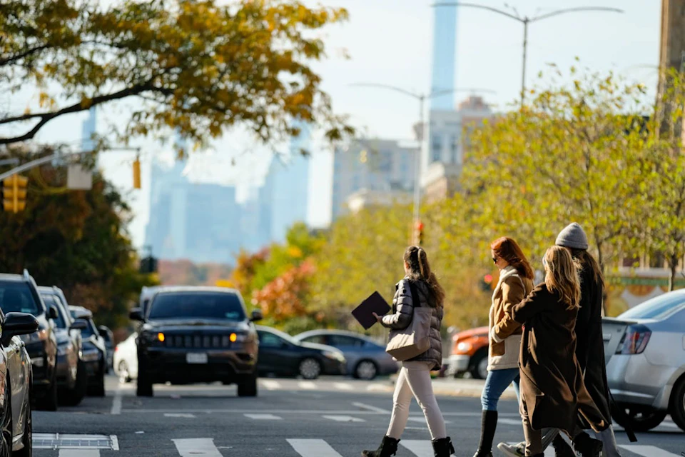 People crossing a city street at a crosswalk, with trees and parked cars in the background.