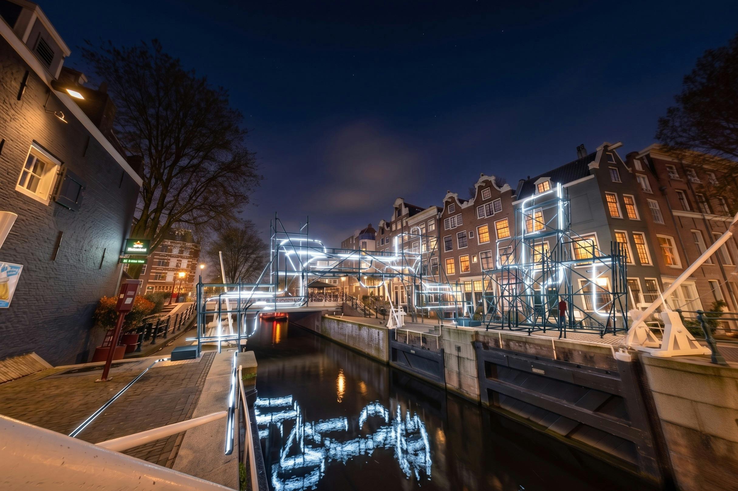 Een nachtelijk uitzicht op een gracht met verlichte lichtkunstinstallaties, omringd door traditionele gebouwen in Europese stijl.