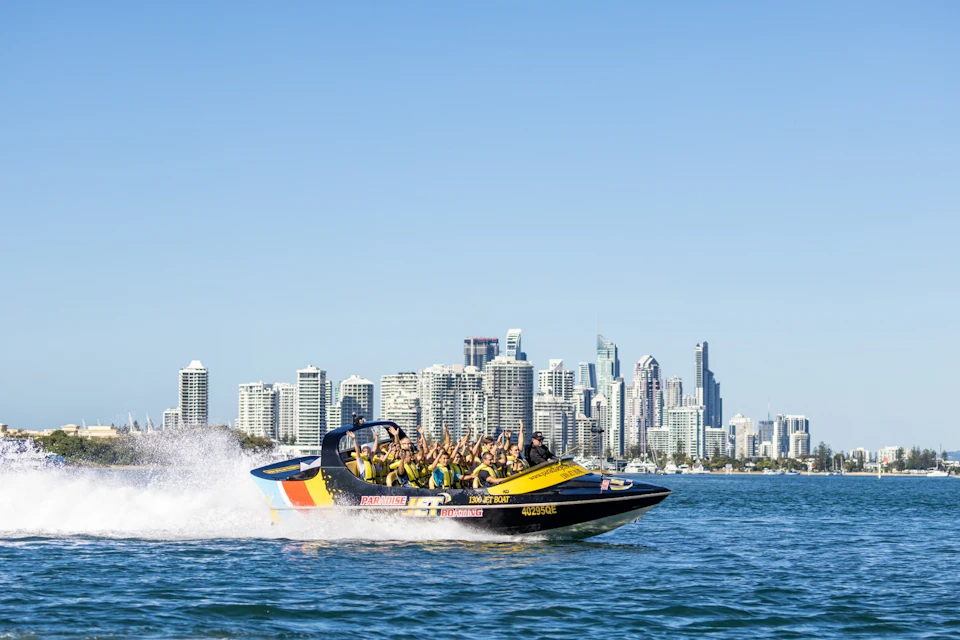 Jet boat and city