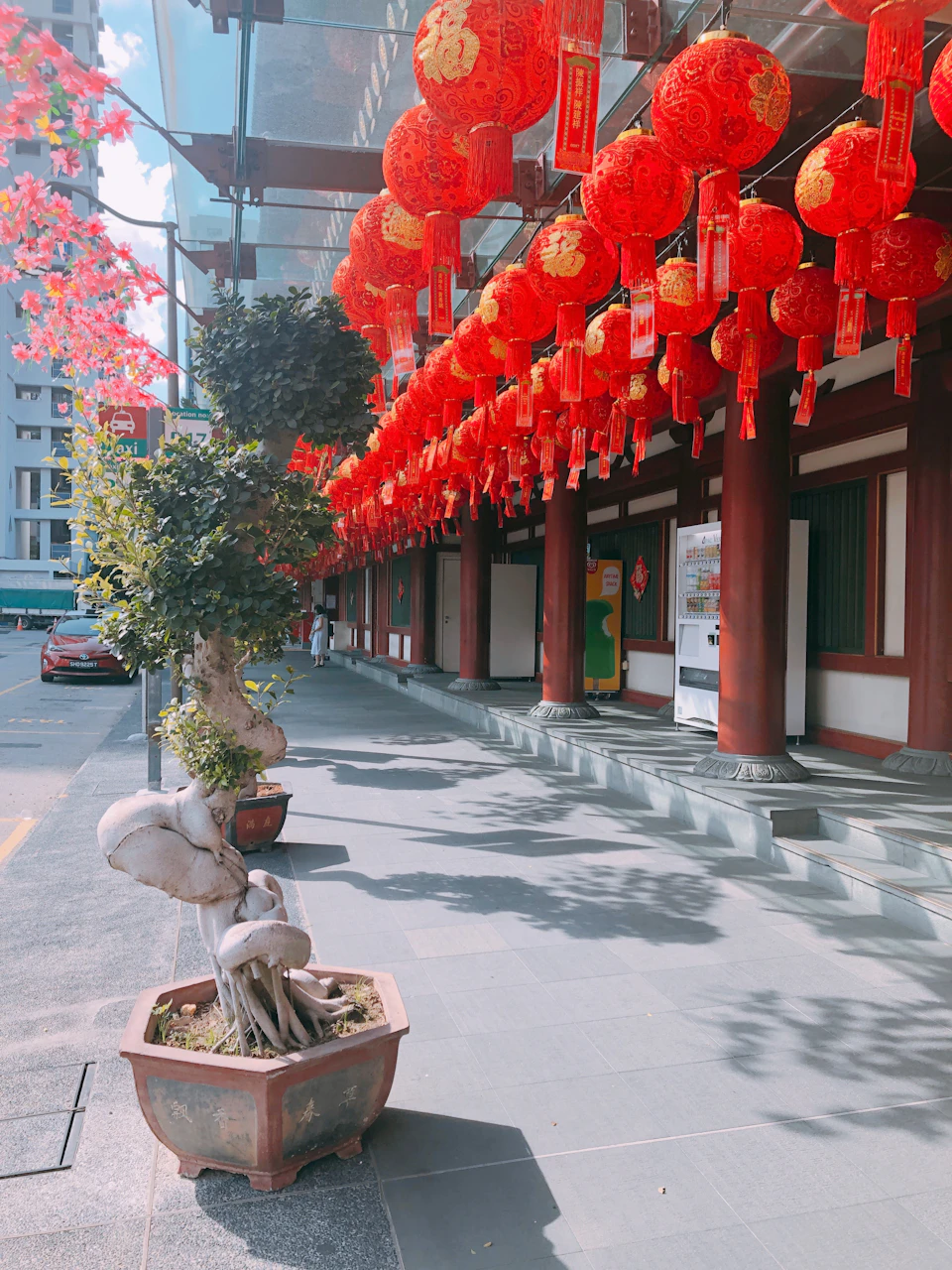 A sidewalk with potted plants, red lanterns hanging from a building with pillars, and a parked car in the background.