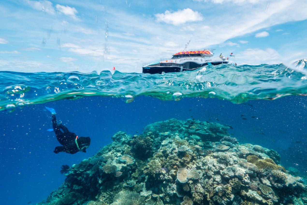 Half-submerged view of a snorkeler over a coral reef with a boat on the surface and cloudy sky in the background.