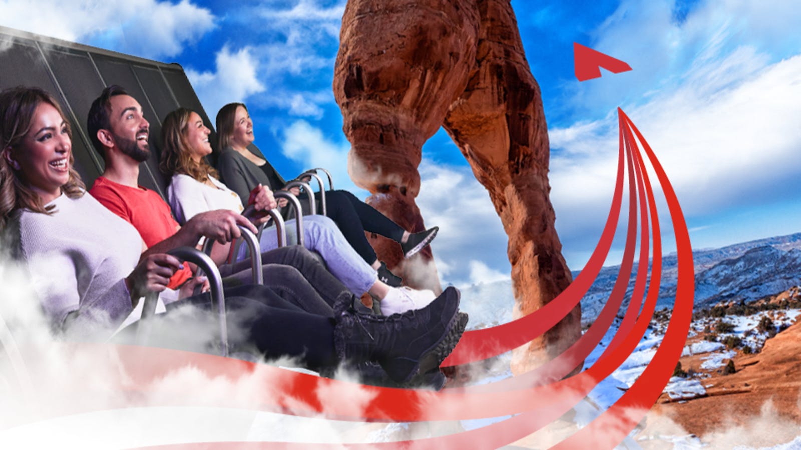 Lidé sedící na simulátoru, usmívající se, s modrou oblohou, skalními útvary, mraky a červenou šipkou v pozadí.
