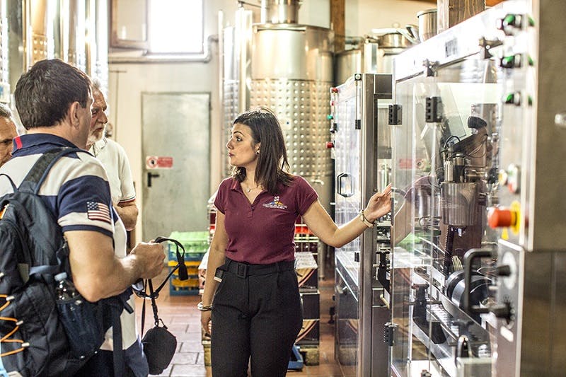 一位身穿栗色Polo衫的女士在酿酒厂用大型不锈钢罐与一群人交谈时做手势。