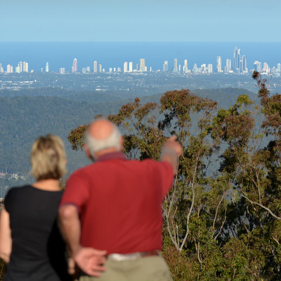 Two people, one pointing, overlook a distant city skyline with tall buildings, seen beyond a forested area under a clear sky.