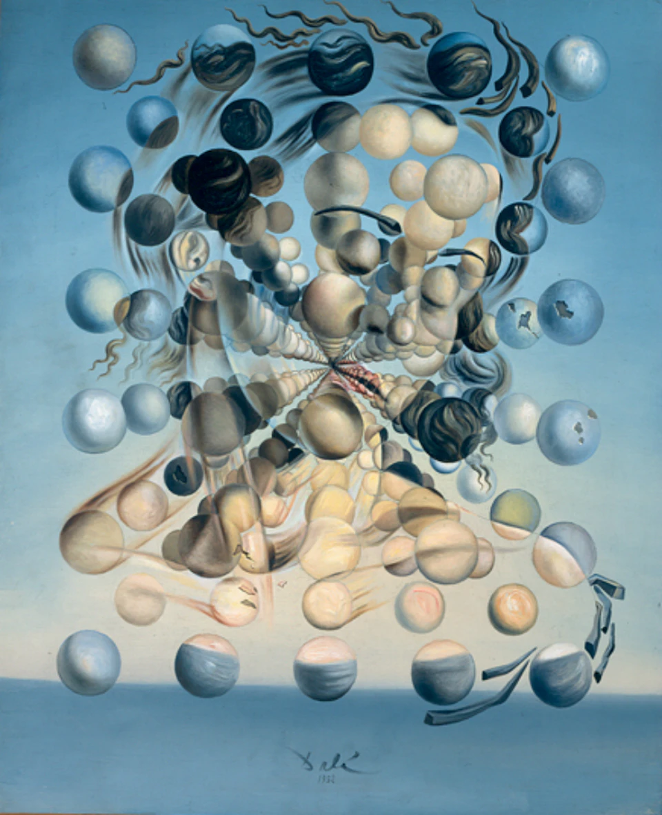 An arrangement of multicolored spheres forms a distorted, abstract face against a blue background.