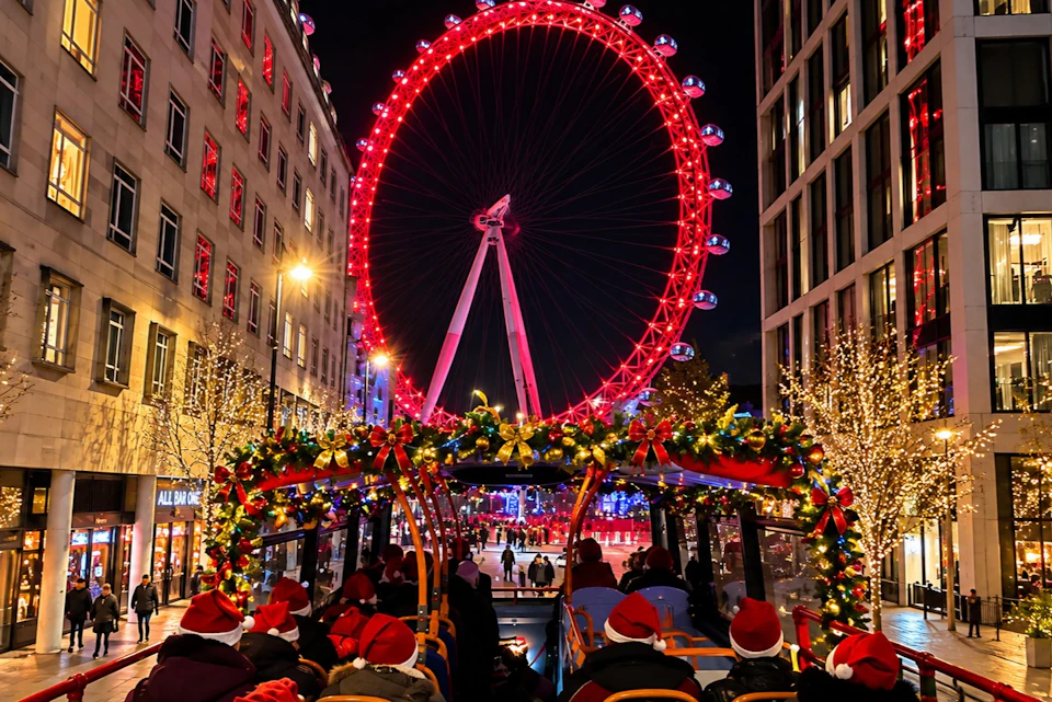 A festive scene with people in Santa hats on a decorated bus, with a red-lit Ferris wheel and city lights in the background.