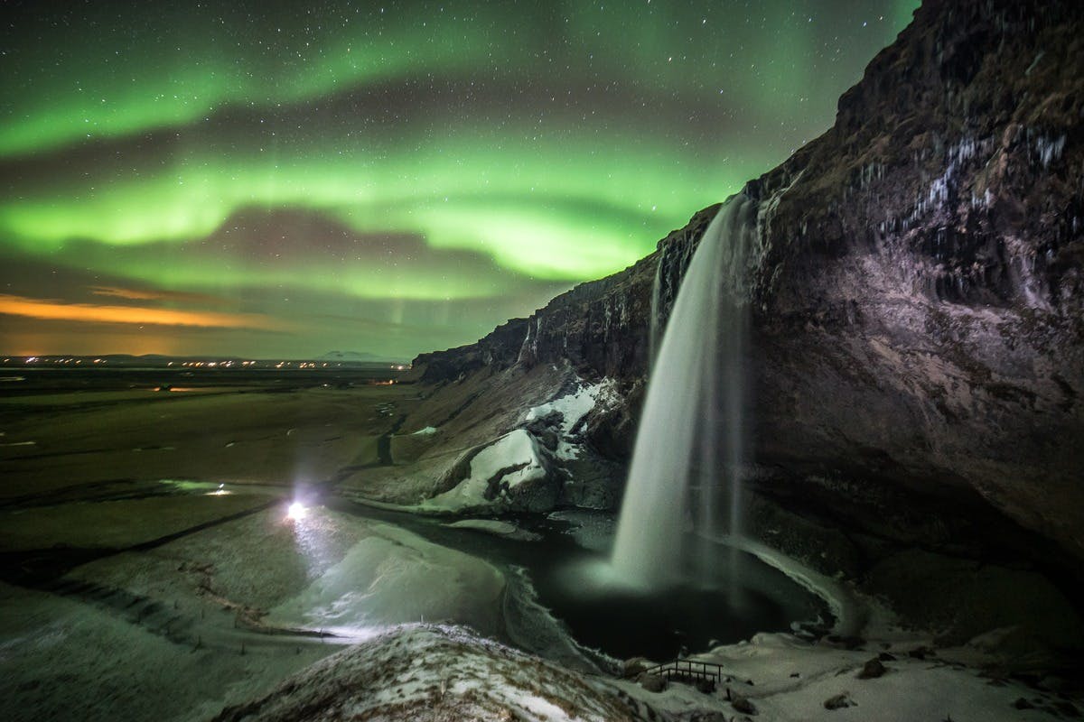 Northern Lights at Seljalandsfoss Waterfall