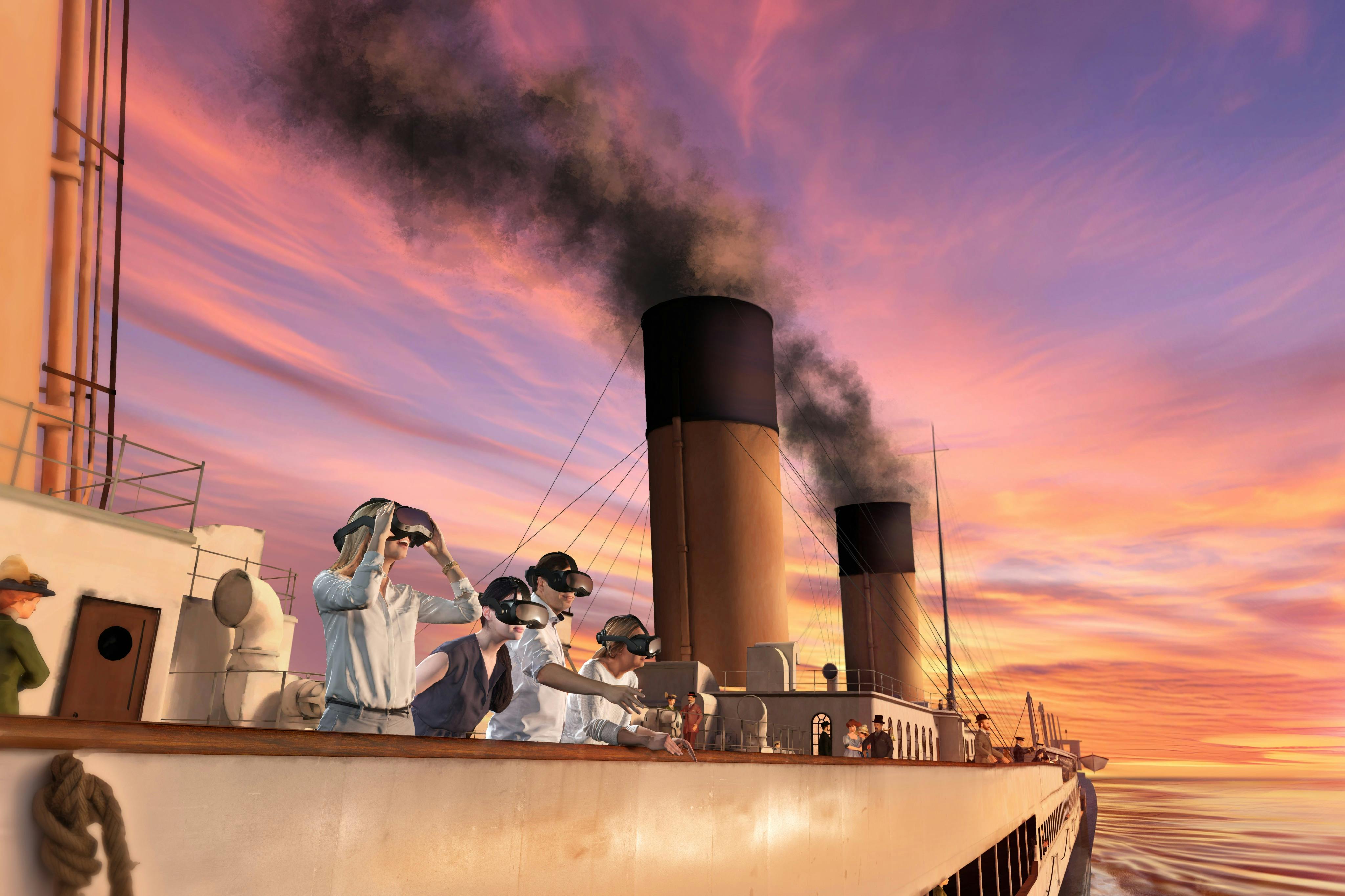 Des personnes sur le pont d'un navire portant des casques VR, avec de la fumée s'échappant des cheminées sur fond de soleil couchant éclatant.
