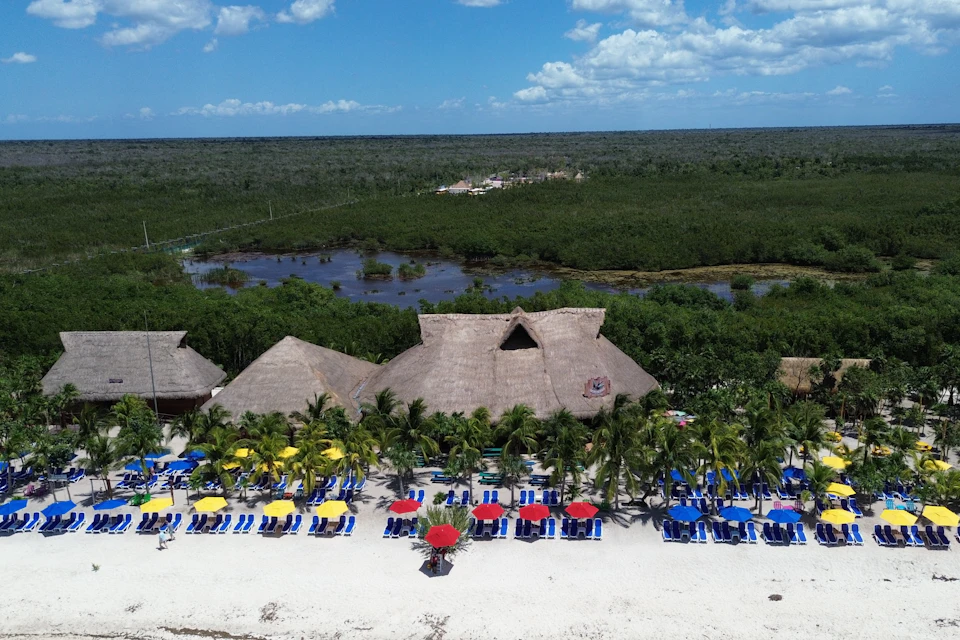 Aerial view of a beachfront resort with straw-roofed buildings, lined beach chairs, umbrellas, palm trees, and a lush forest backdrop.