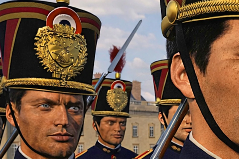 A group of uniformed soldiers in formation wearing ornate hats, standing outdoors near a historic building under a blue sky.