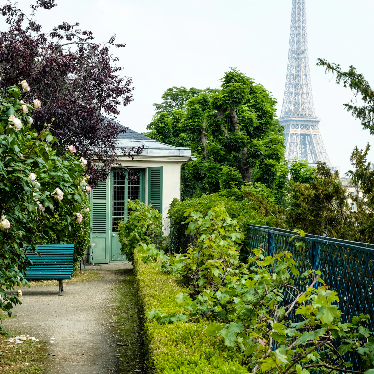 Pathway leading to a small building with green shutters, surrounded by greenery and flowers, with the Eiffel Tower in the background.