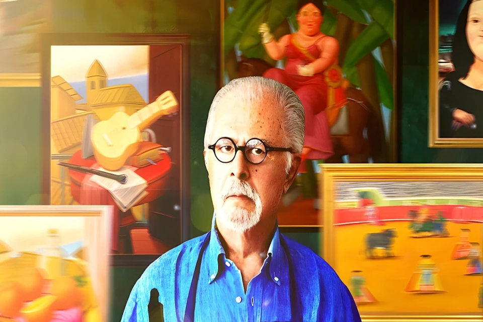 An older man with glasses in front of a wall displaying colorful artwork, with a reflective floor and blurred figure in the foreground.