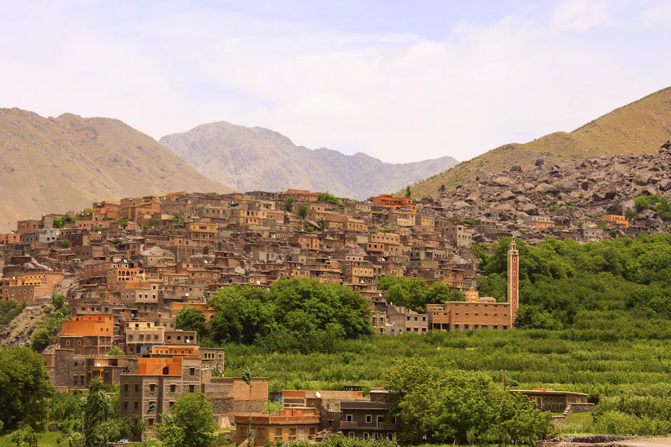 Hillside town with densely packed brown buildings, lush green trees, and a tall minaret, set against a backdrop of mountains.