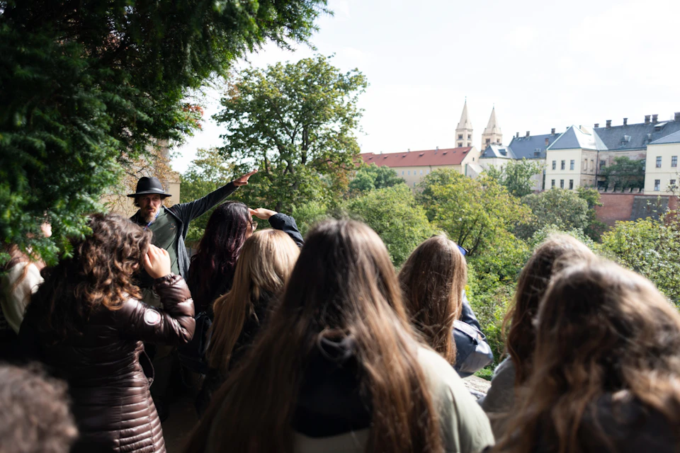A group of people outdoors looking towards a scenic view with trees and a church in the distance.