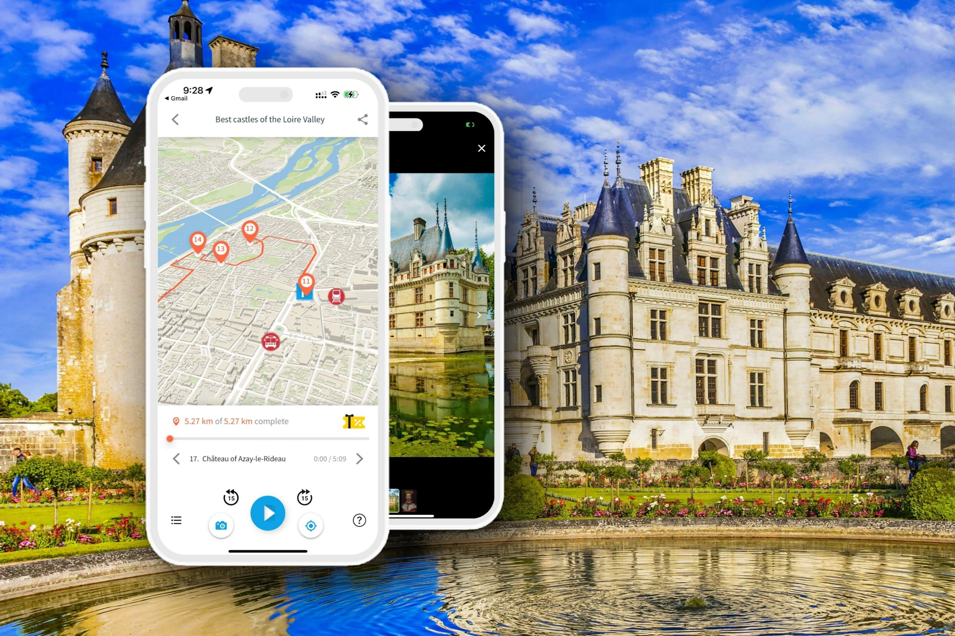 Two smartphones displaying maps and castle images, with a real castle and garden in the background under a blue sky.