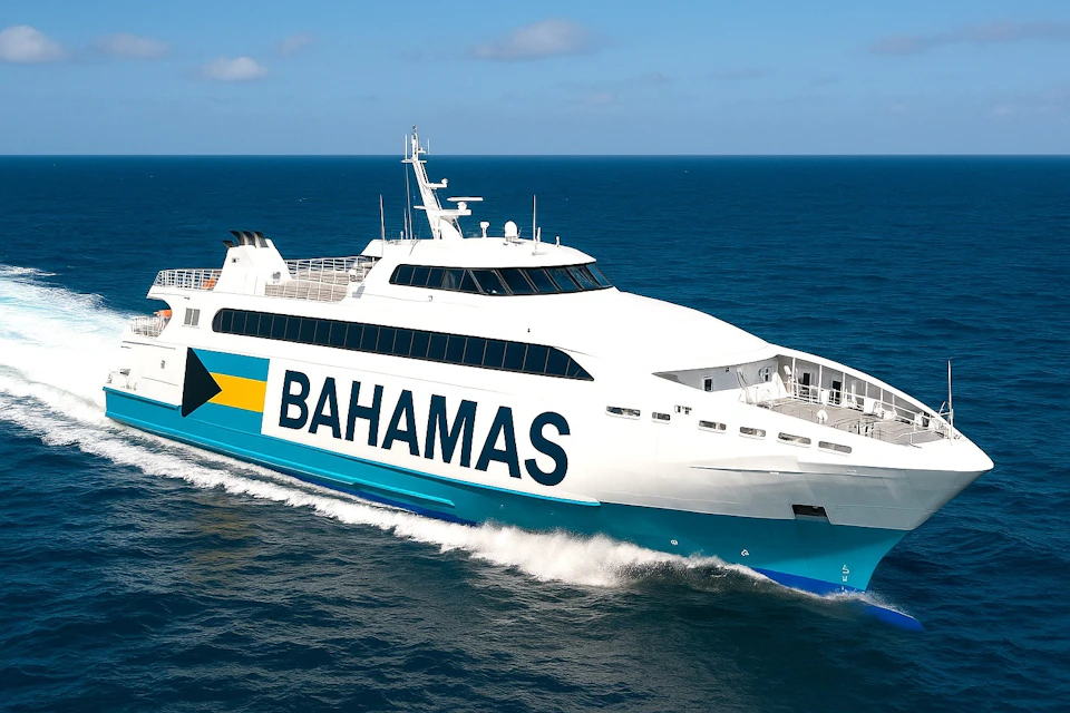 Large ferry with the word "BAHAMAS" on its side, sailing on the ocean under a clear blue sky.