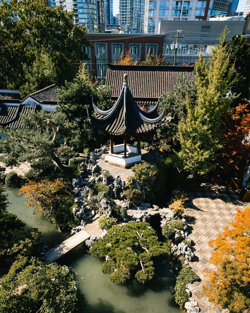 Aerial view of a traditional Chinese garden with a pavilion, pond, lush trees, stone walkway, and a building in the background.