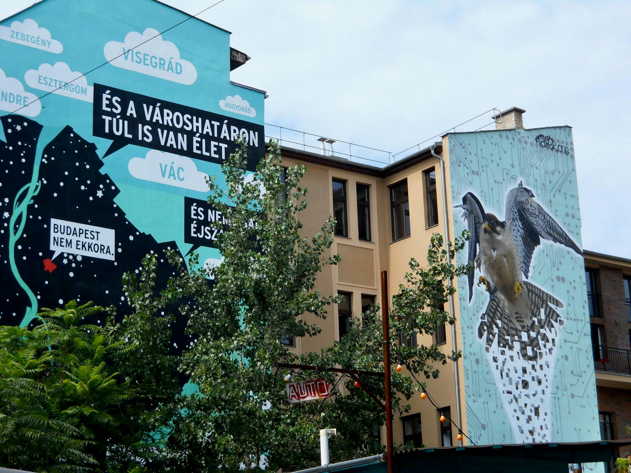 Väggmålningar på intilliggande byggnader: en med en fågel och kretsar, den andra med text, träd i förgrunden, mot en klar himmel.