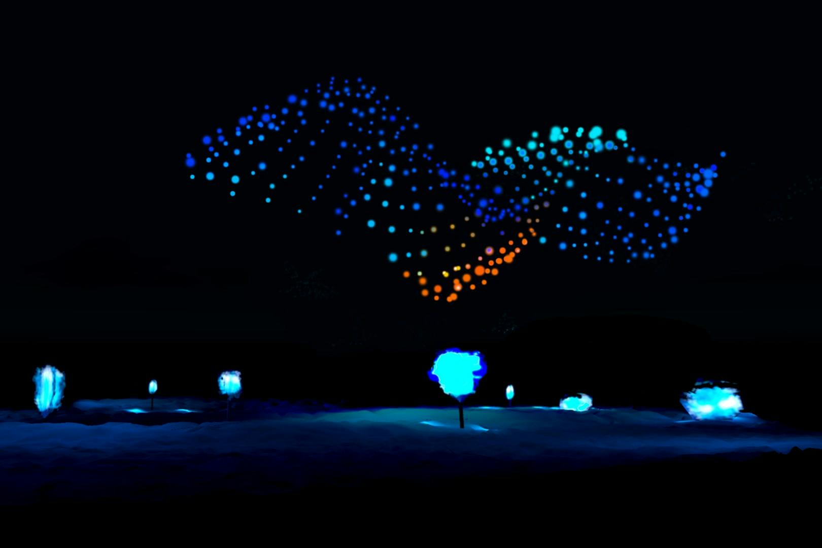 A nighttime scene with glowing blue and orange orbs forming wave patterns in the sky, and illuminated structures on the ground.
