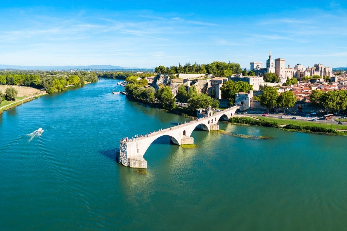 Aerial view of the St Bénezet Bridge and the Palace of the Popes