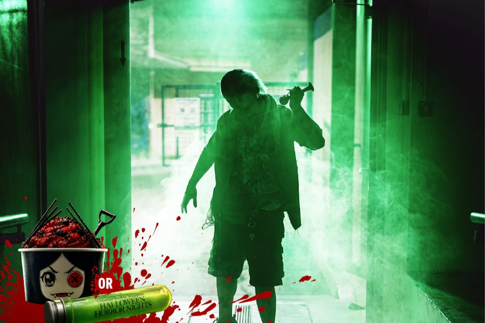 Silhouette of a person holding a weapon, standing in green mist with blood effects and a Halloween attraction logo.