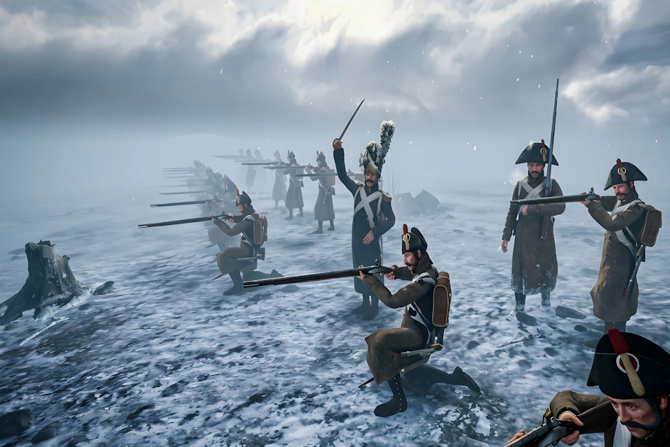 Soldiers dressed in historical uniforms, some kneeling with rifles, on a snowy battlefield under a cloudy sky.