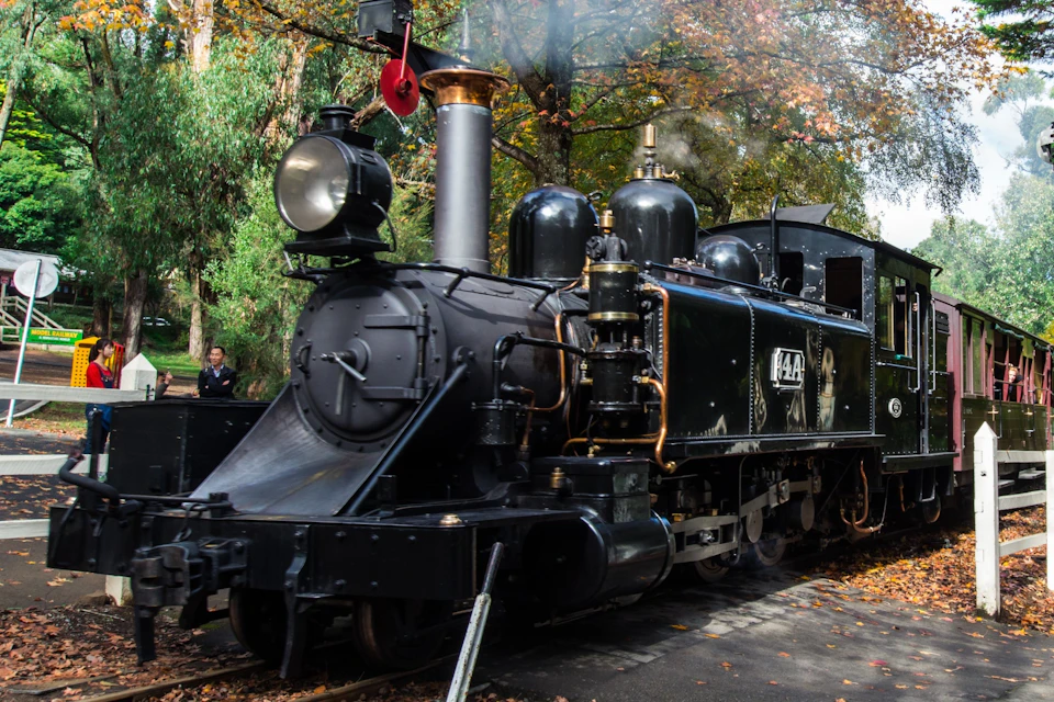 A vintage black steam locomotive emits smoke while stationary on a track surrounded by trees during daylight.