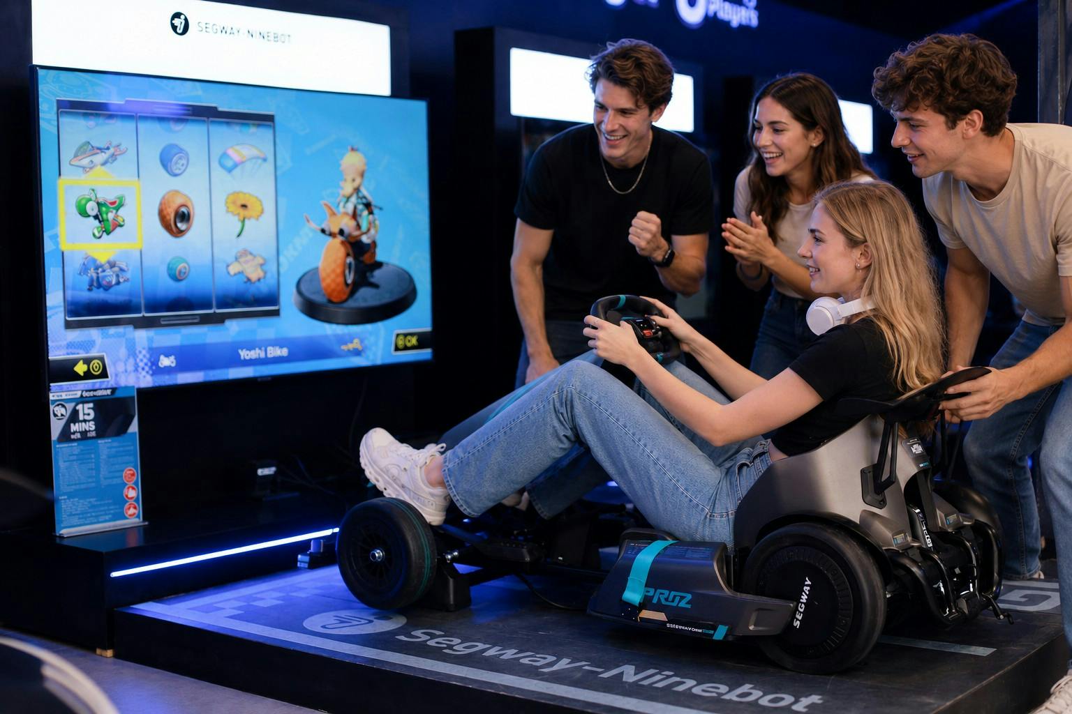 Four people are interacting around a Segway Ninebot kart, with one sitting and driving while others enthusiastically watch.