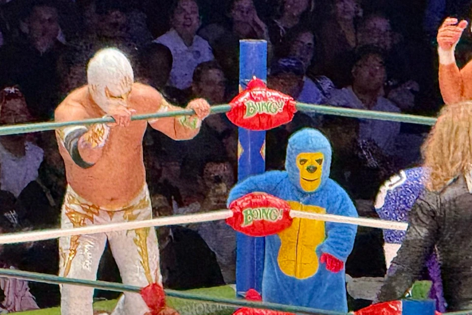 Wrestlers in a colorful ring, including one in a blue suit and another in white, with a large audience in the background.